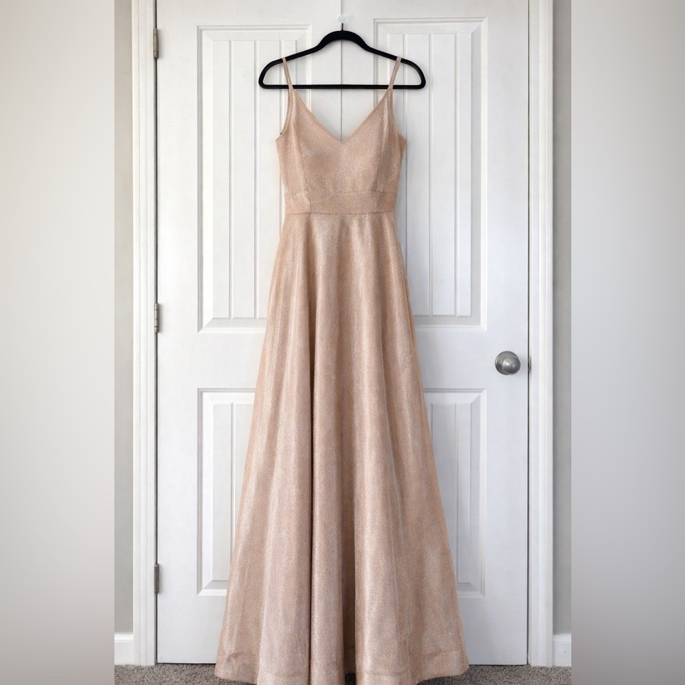 David’s Bridal Speechless Champagne Pink Shimmer Maxi Dress – Formal/Bridesmaid